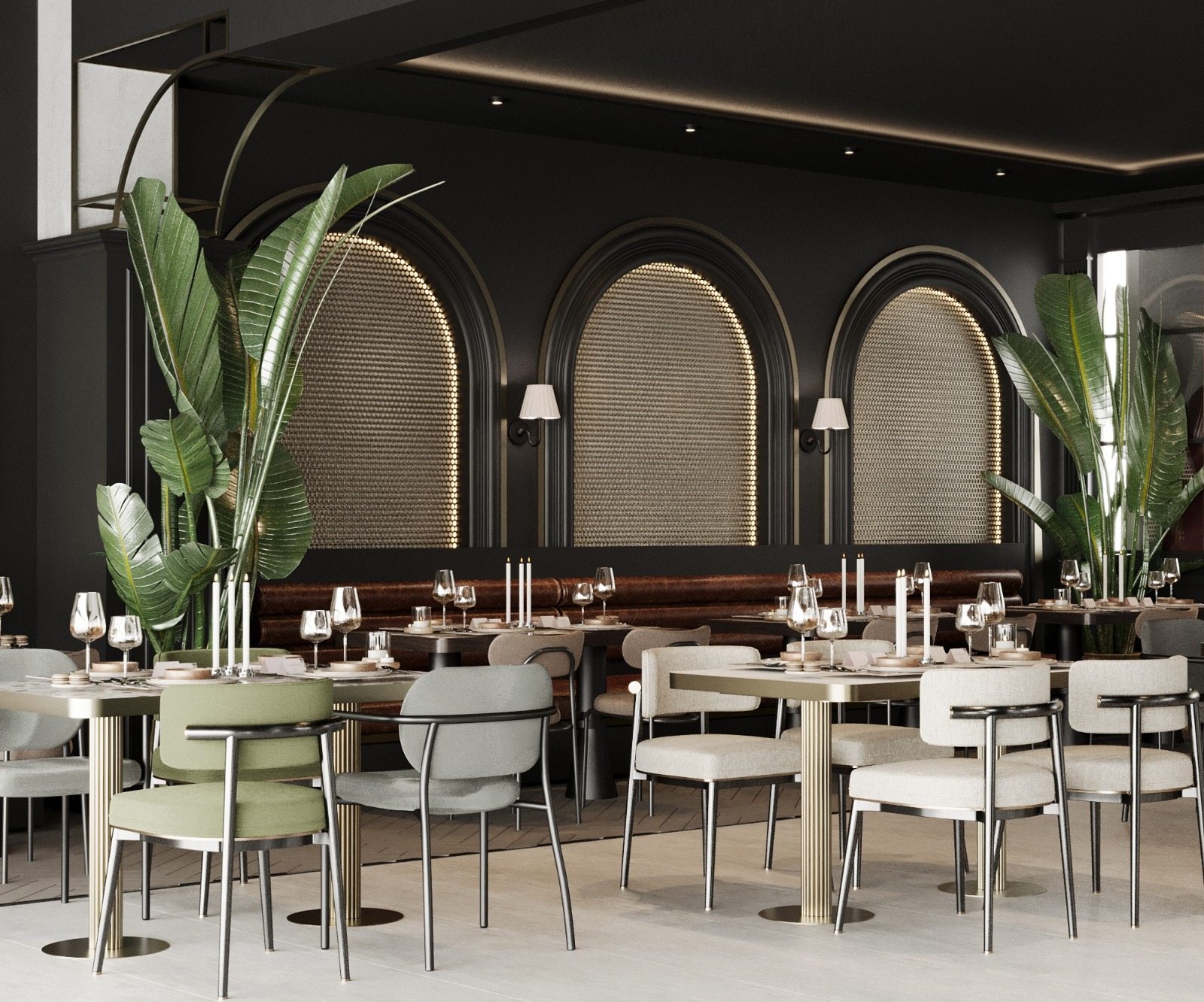 Asır ana salon — kemerli nişler ve deri banketler
