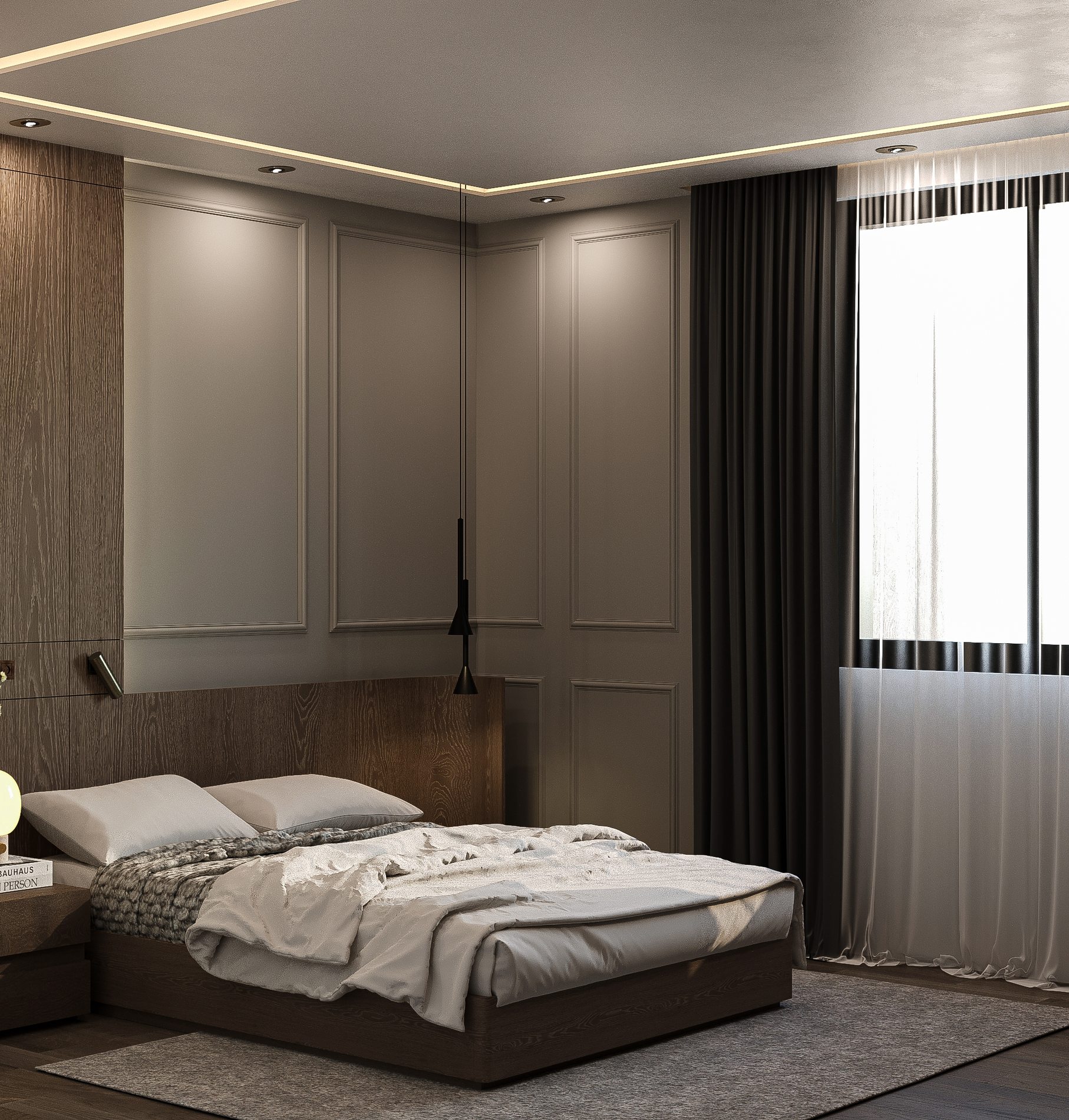 Yatak odası karşı görünüm — ceviz panel ve krem lake yüzeyler