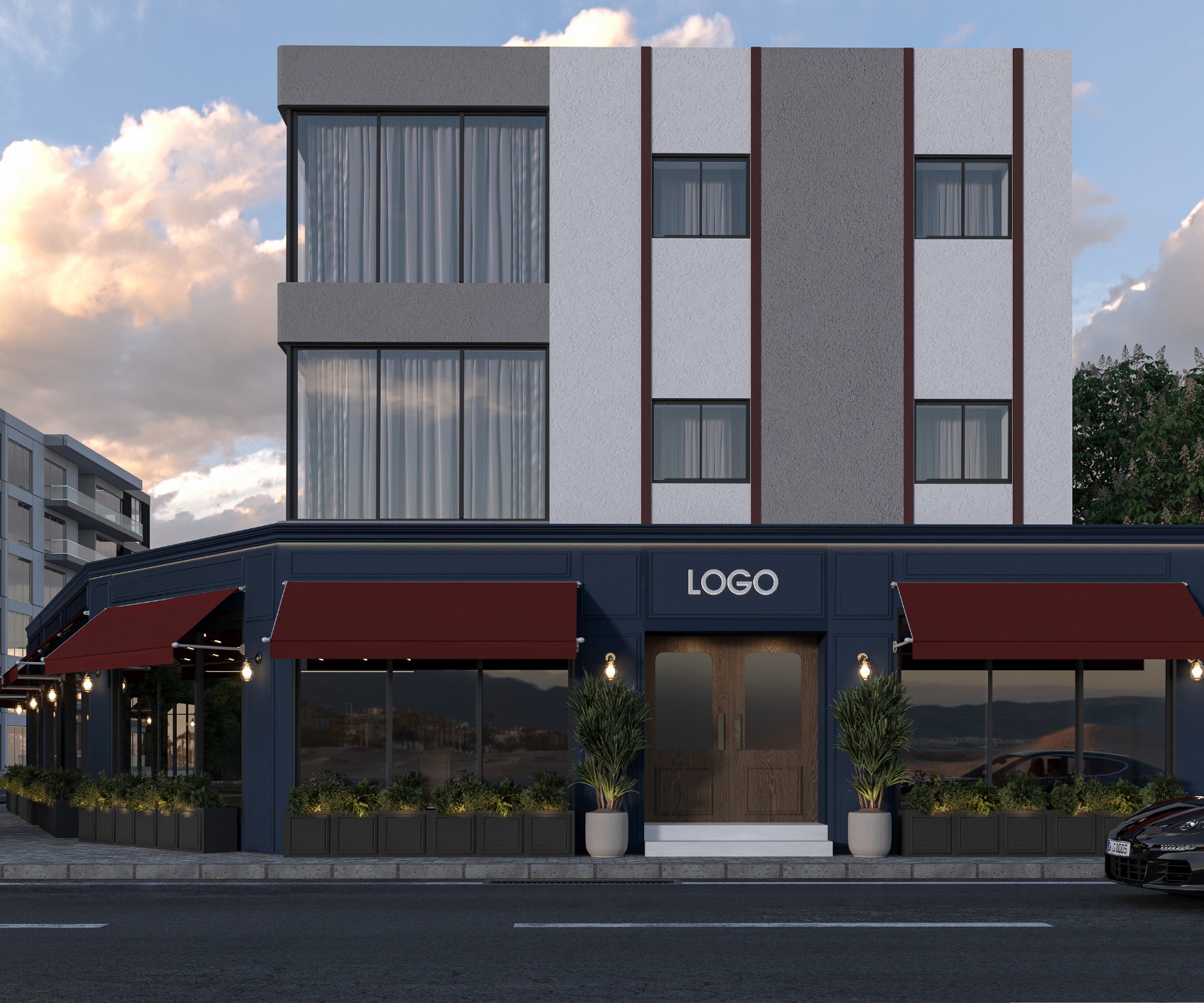 Üstün Patisserie akşam cephesi — lacivert cephe ve bordo tenteler