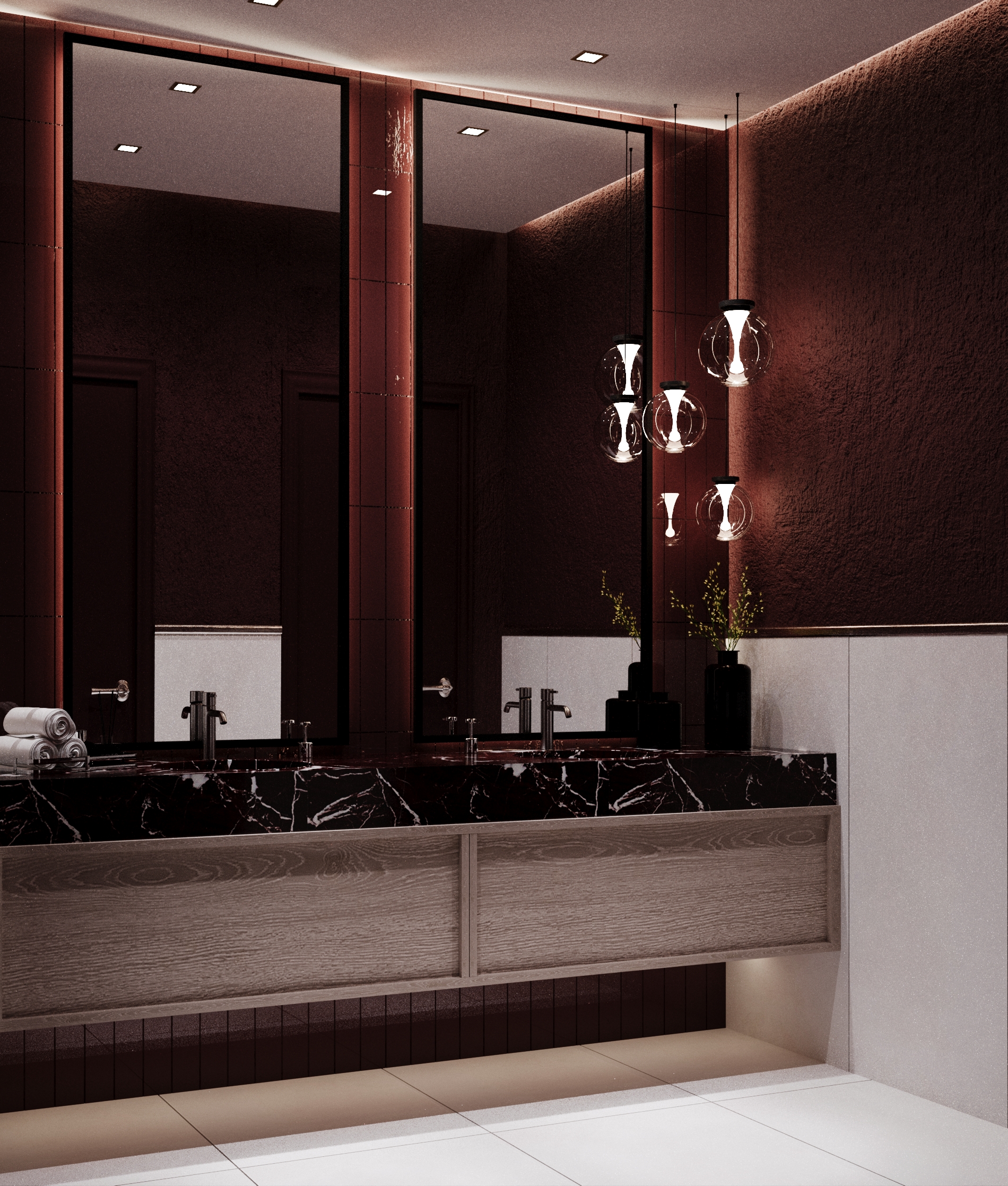 Üstün Patisserie lavabo alanı — bordo dokulu duvar ve mermer tezgah