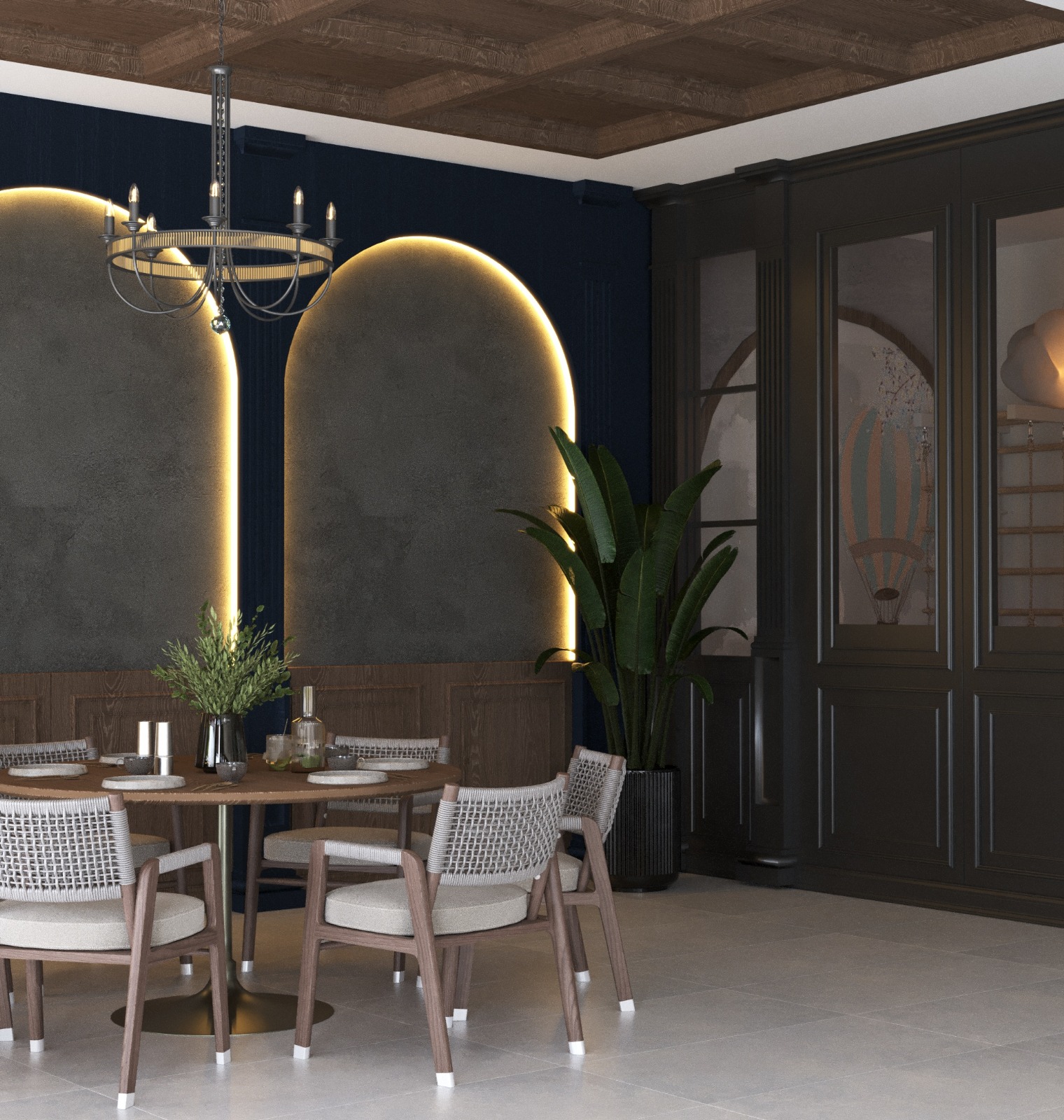 Üstün Patisserie salon — kemerli ışıklı nişler ve ahşap kaset tavan