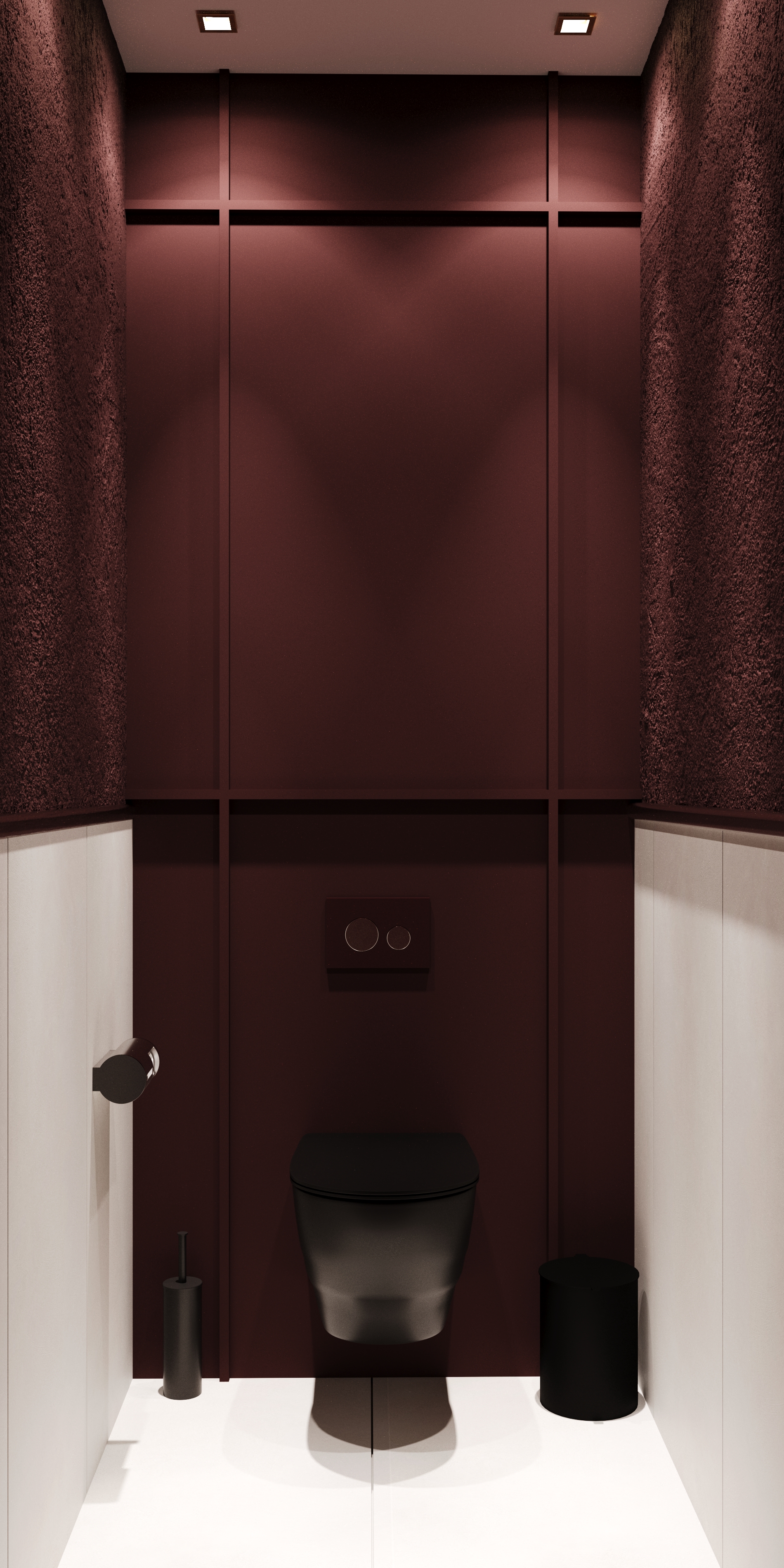 Üstün Patisserie WC — bordo panel duvar ve gizli aydınlatma