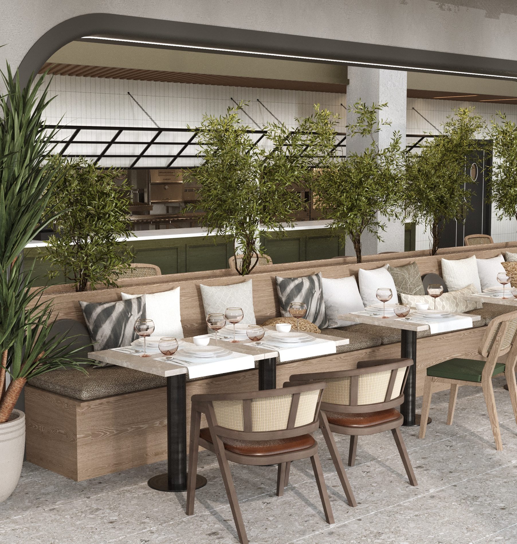 Zaviye salon — logo duvarı ve merdiven aksı